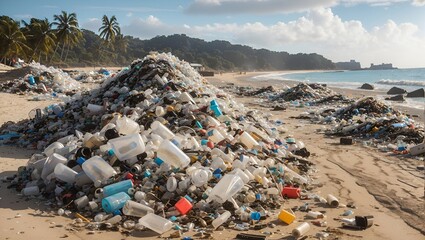 photo of plastic waste piled up on the beach, made by AI generative