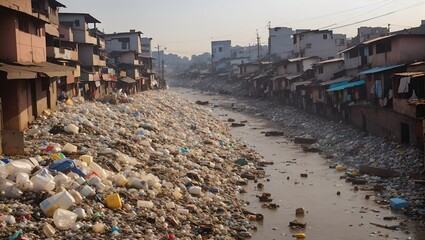 photo of a residential environment filled with waste that pollutes the environment made by AI generative

