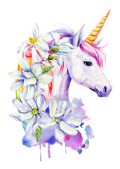 Cute unicorn with white flowers isolated on white background, magical illustration with unicorn in watercolor