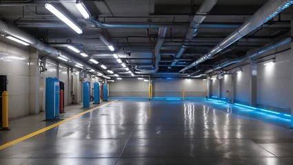 Fototapeten clean underground parking scene photos with blue led lights made by AI generative © M.Taufiq
