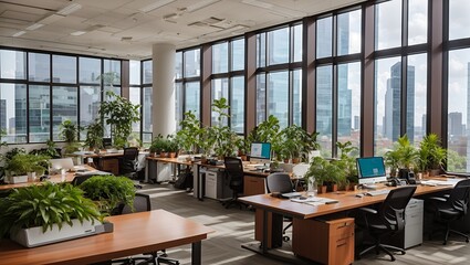 
photo of an office room with a classic, minimalist theme with lots of ornamental plants and lots of windows, made by AI generative