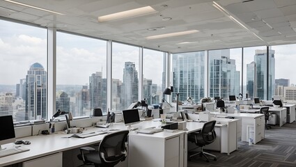 
photo of an office room with a minimalist white theme with lots of windows with views of urban buildings, made by AI generative