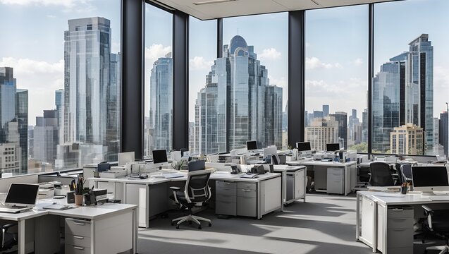 Fototapeta  photo of an office room with a minimalist white theme with lots of windows with views of urban buildings, made by AI generative