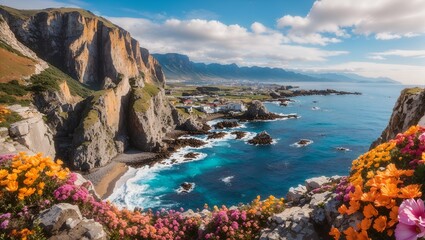photo of a view of a rocky cliff with lots of flowers against a beautiful blue sea background, made by AI generative - Powered by Adobe