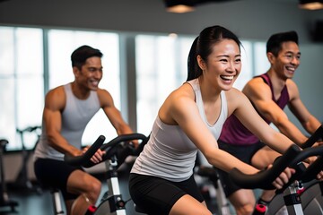 Fototapeta premium Group of sporty people having spinning class at gym. Sport, lifestyle and healthcare concept
