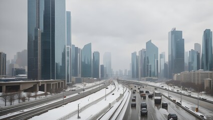 photo of urban landscape with busy highway in winter made by AI generative
