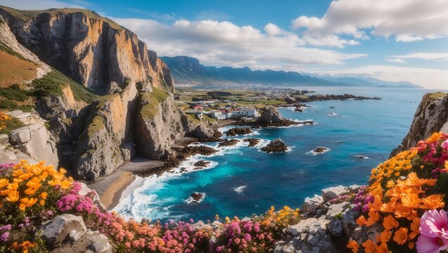 photo of a view of a rocky cliff with lots of flowers against a beautiful blue sea background, made by AI generative