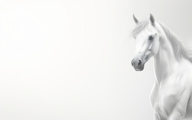 White horse on a white background. Horizontal banner with copy space