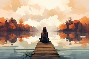 Foto auf Acrylglas lonely girl sit on jetty by the lake in autumn watercolor © krissikunterbunt