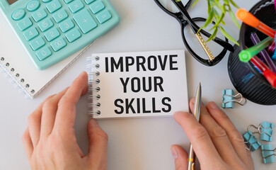 Improve your skills text write on paper and digital table - obrazy, fototapety, plakaty