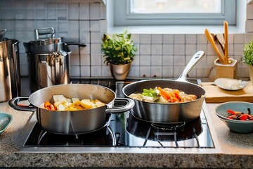 Two pans on the stove with food in the kitchen - obrazy, fototapety, plakaty
