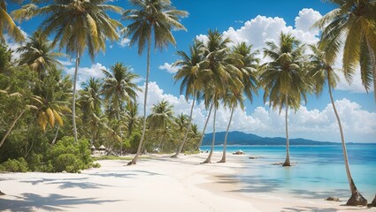 Fototapeta na wymiar photo of a white sand beach with lots of coconut trees against a blue sea background, made by AI generative
