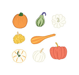 Red, white, green, yellow, and orange pumpkins collection