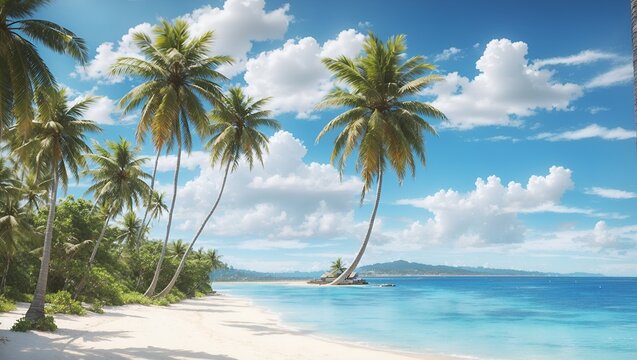 photo of a white sand beach with lots of coconut trees against a blue sea background, made by AI generative