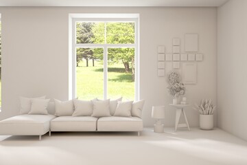 Modern interior concept with sofa and summer landscape in window. 3D illustration