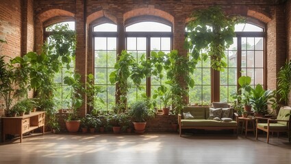 Fototapeta na wymiar photo of a view of a relaxing room in a classic style with lots of windows and decorative plants, made by AI generative