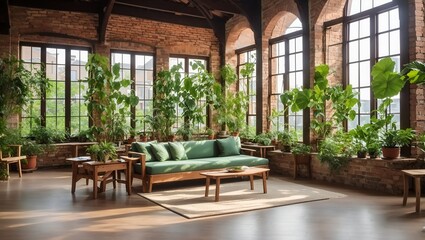 photo of a view of a relaxing room in a classic style with lots of windows and decorative plants, made by AI generative