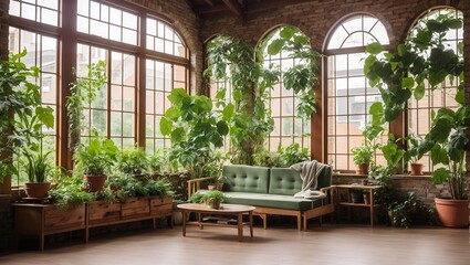 photo of a view of a relaxing room in a classic style with lots of windows and decorative plants, made by AI generative - obrazy, fototapety, plakaty