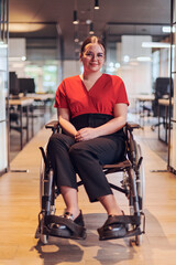 A modern young businesswoman in a wheelchair is surrounded by an inclusive workspace with glass-walled offices, embodying determination and innovation in the business world