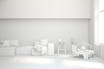 Grey interior desigh concept with furniture. 3D illustration