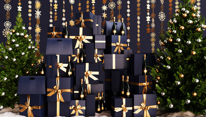 Merry christmas and a happy new year. Realistic rose gold and blue baubles, snowflakes hanging on a dark blue background. Christmas balls motion blur effect. Luxurious background.