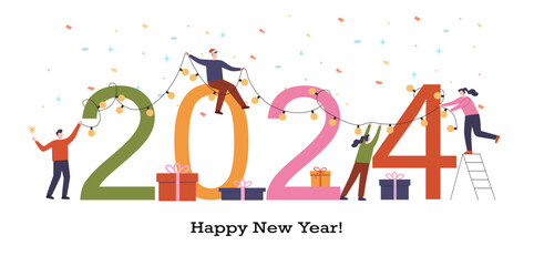 Holiday vector concept illustration in flat style. 2024 text. People Hang Garland.