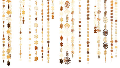 Shimmering golden snowflakes, Christmas balls and stars on a transparent background. 3d illustration of glowing Cristmas ornament. New Year cover or banner template. Winter holiday decoration.