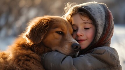Therapy dog providing emotional and mental support to a child dealing with psychological ADHD, anxiety, or depression. The dogs calming presence helps child cope with their mental health struggles. - obrazy, fototapety, plakaty