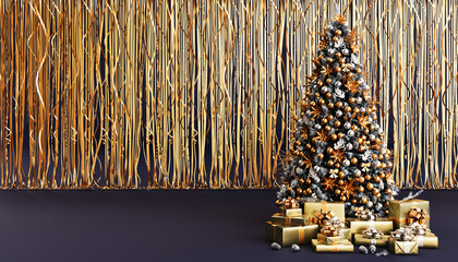 Merry christmas and a happy new year. Realistic rose gold and blue baubles, snowflakes hanging on a dark blue background. Christmas balls motion blur effect. Luxurious background.