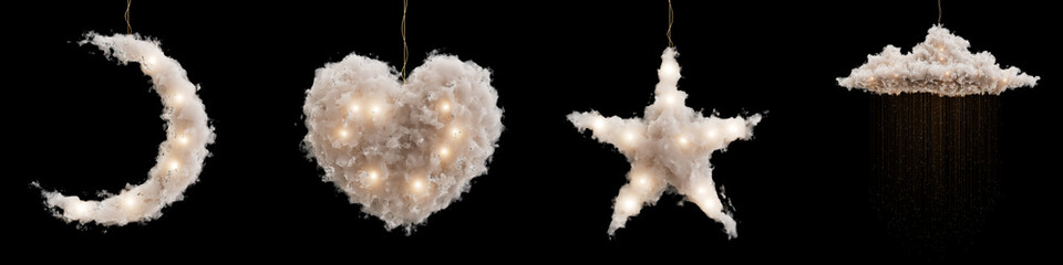 Merry christmas and a happy new year. Set of realistic clouds hanging on a dark background. 3D illustration