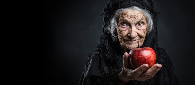 Creepy witch clutching red apple With copyspace for text