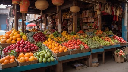Obraz premium photo of traditional Asian fruit and vegetable market, made by AI generative