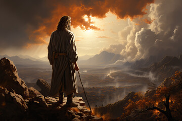 Jesus Christ with a staff stands on the mountain and looks down at the valley - obrazy, fototapety, plakaty