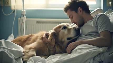 Loyal dog as emotional and mental support to hospital patient. Strong friendship offers support and psychological assistance. Therapeutic benefits of animal companionship in healthcare settings.