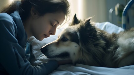 Loyal dog as emotional and mental support to hospital patient. Strong friendship offers support and psychological assistance. Therapeutic benefits of animal companionship in healthcare settings. - obrazy, fototapety, plakaty