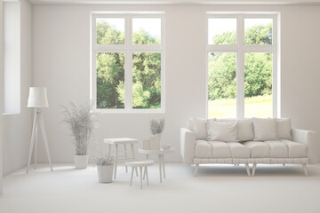 Grey living room concept with sofa and summer landscape in window. Scandinavian interior design. 3D illustration
