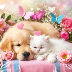 dog and kitten  with  flowers