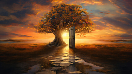 Door tree sunset path