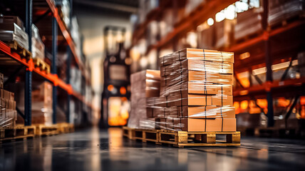 Retail warehouse full of shelves with goods in cartons, with pallets and forklifts. Logistics and transportation blurred background. Product distribution center. Generative ai