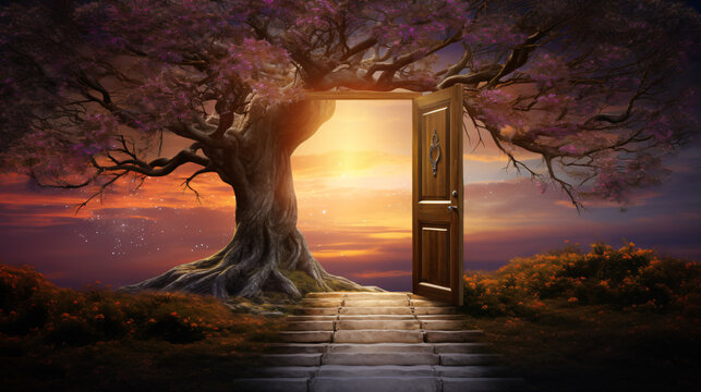 Door tree sunset path