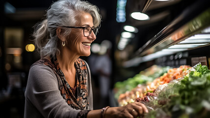 Mature woman shopping in grocery store. Side view choosing fresh fruits and vegetables in supermarket. Shopping concept