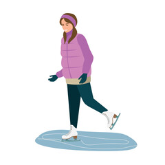 Obraz premium Friendly girl skates on ice and shows with her hand. Active winter sports and recreation. Vector illustration on a white background.