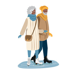 An elderly couple is skating on an ice rink outdoors. Active elderly man and woman. Active winter sports and recreation. Vector illustration on a white background. © liana2012