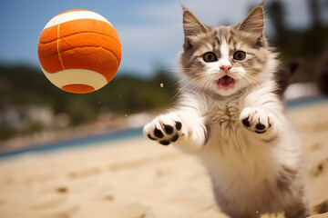 cat playing beach volleyball