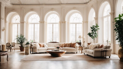 A expensive bright interior of a huge living room in mansion with columns and white walls