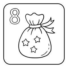 Xmas coloring advent calendar. Hand drawn vector poster with Santa's bag