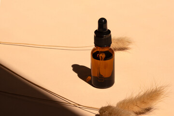 Amber glass dropper bottle on beige background with tropical leave shadow and dry flowers. Pipette...
