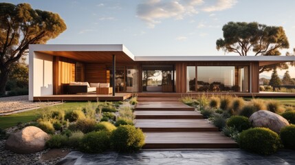 Obraz premium Modern ranch style minimalist cube house with terrace and landscaping design front yard. Residential architecture exterior