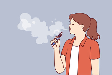 Woman vaper holds electronic cigarette for vaping and blows steam from mouth, enjoying smoking. Girl uses vape gadget or device with tobacco heating system, for concept of addiction to smoking