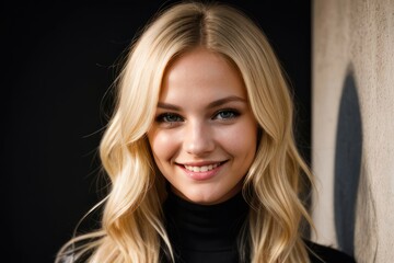 Portrait beautiful blonde model young woman with white teeth smile, healthy long hair and beauty skin. Concept of advertising dentist and facial care. Generative AI